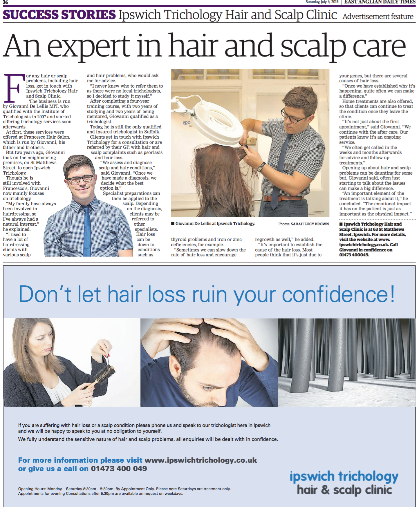 Expert in hair and scalp Care; East Anglian Daily Times Newspaper feature…